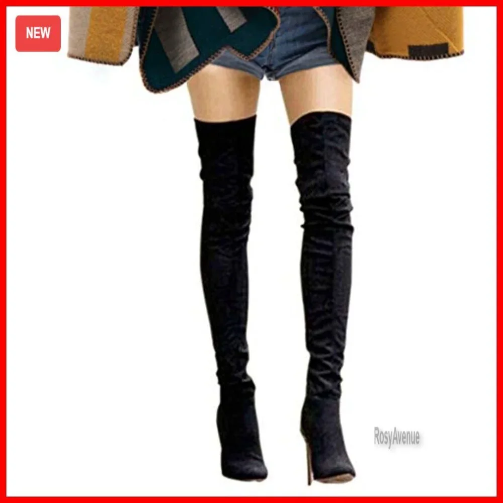 Stretchy Leather Thigh High Snow Boots with 3.5 Inch Heel